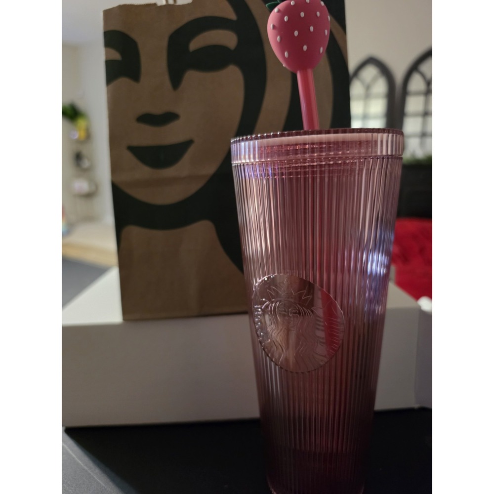 Starbucks Pink Ribbed Tumbler Cup w/ Strawberry Straw Topper & Lid New